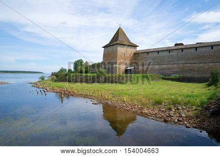 View of the old Sovereign's tower of Oreshek fortress in the sunny august afternoon. Historical landmark of the Shlisselburg, Leningrad region
