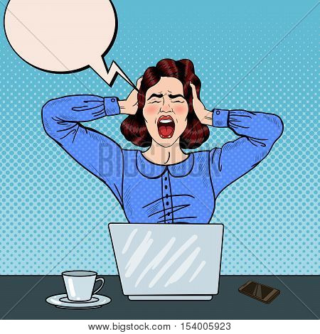 Pop Art Angry Frustrated Woman Screaming at Office Work. Vector illustration