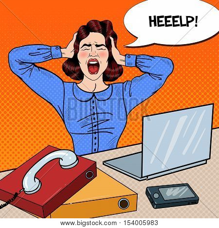 Pop Art Angry Frustrated Woman Screaming at Office Work. Vector illustration