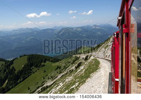 Steam locomotive of a vintage cogwheel railway going to Schafberg, Wolfgangsee / Schafberg Peak (1783m)