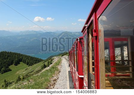 Steam locomotive of a vintage cogwheel railway going to Schafberg, Wolfgangsee / Schafberg Peak (1783m)
