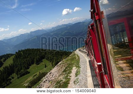 Steam locomotive of a vintage cogwheel railway going to Schafberg, Wolfgangsee / Schafberg Peak (1783m)
