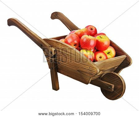 Red apples on wooden pushcart isolated on white background. Closeup.