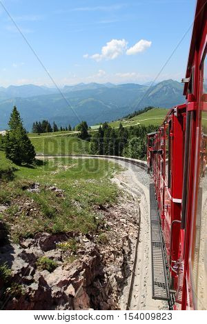Steam locomotive of a vintage cogwheel railway going to Schafberg, Wolfgangsee / Schafberg Peak (1783m)