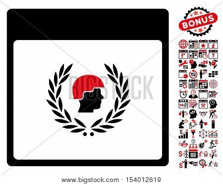 Soldier Laurel Wreath Calendar Page pictograph with bonus calendar and time management graphic icons. Glyph illustration style is flat iconic symbols, intensive red and black, white background.