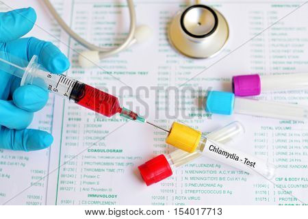 Test tube with blood sample for Chlamydia trachomatis test