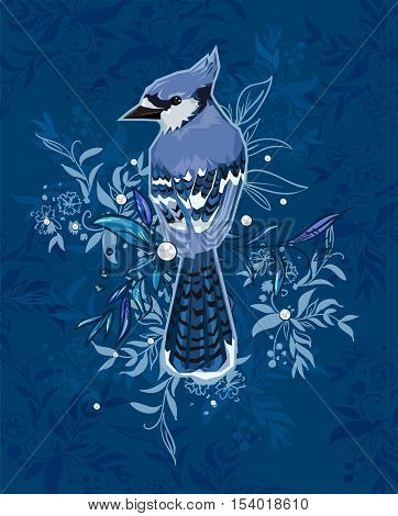 Blue Jay bird Vector Illustration, bird vector. Hand Drawn Vector Illustration of bird. A beautiful illustration of a winter bird. winter illustration.