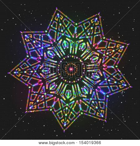 New Year Decoration Shining Colorful Star. Christmas Decorative Adornment. Circular Patterned Ornament.