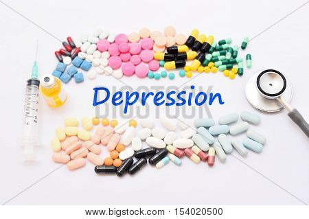 Syringe with drugs for depression treatment, medical concept