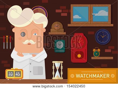 Creative illustration of a watchmaker in the workplace with a clock on the wall