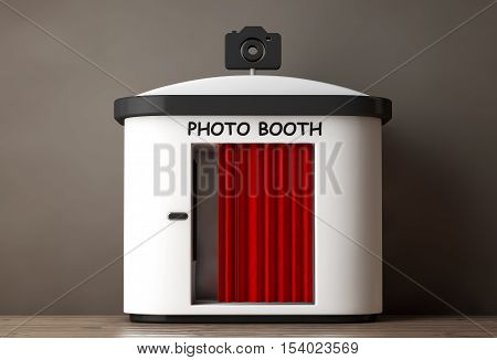 Photo Booth with Red Curtain on a wooden floor. 3d Rendering