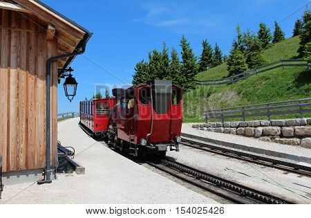 Steam locomotive of a vintage cogwheel railway going to Schafberg, Wolfgangsee / Schafberg Peak (1783m)