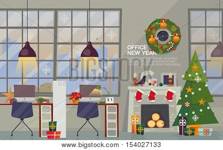 Vector Flat Style. Merry Christmas and Happy New Year Office. Christmas wreath over the fireplace with the Christmas tree and gifts