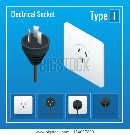 Isometric Switches and sockets set. Type I. AC power sockets realistic illustration. Power outlet and socket isolated. Plug socket