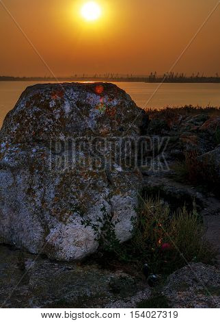 View of Kerch port. Sea port at sunset.