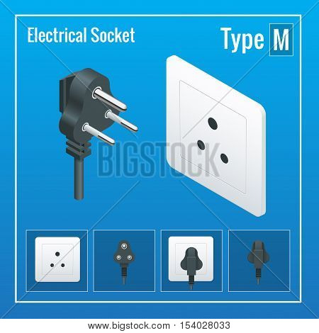Isometric Switches and sockets set. Type M. AC power sockets realistic illustration. Power outlet and socket isolated. Plug socket