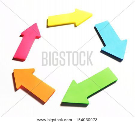 Cycle of multicolored arrow signs, isolated on white background.