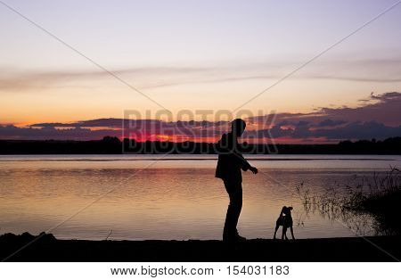 boy is playing with dog at lake during sunset