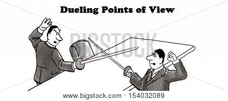 Black and white business illustration of two businessmen dueling, 'dueling points of view'.