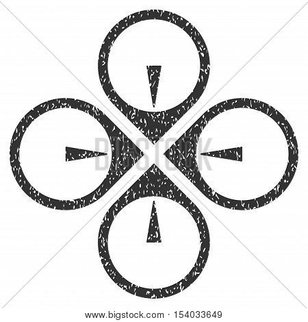 Fly Drone grainy textured icon for overlay watermark stamps. Flat symbol with dirty texture. Dotted glyph gray ink rubber seal stamp with grunge design on a white background.