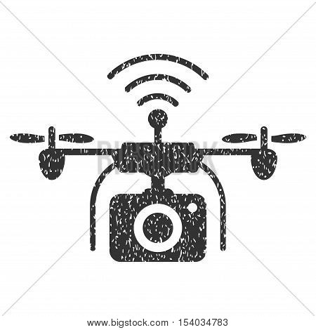 Radio Camera Drone grainy textured icon for overlay watermark stamps. Flat symbol with scratched texture. Dotted glyph gray ink rubber seal stamp with grunge design on a white background.