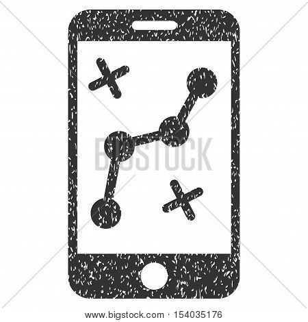 Route Smartphone grainy textured icon for overlay watermark stamps. Flat symbol with dust texture. Dotted glyph gray ink rubber seal stamp with grunge design on a white background.
