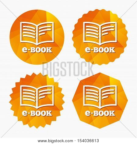 E-Book sign icon. Electronic book symbol. Ebook reader device. Triangular low poly buttons with flat icon. Vector