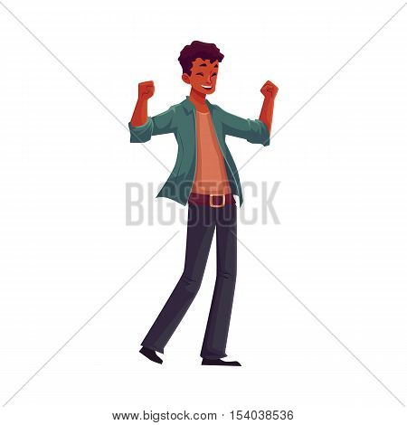 Handsome young black man raising hands in happiness and excitement, cartoon vector illustrations isolated on white background. Happy African American man celebrating success or victory with hands up