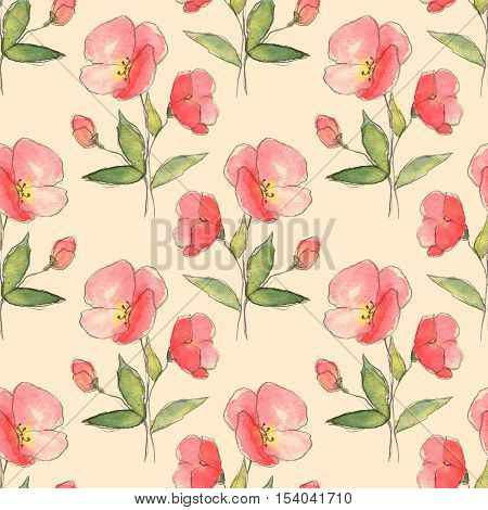 Seamless watercolor pattern with red flowers. Yand draen background