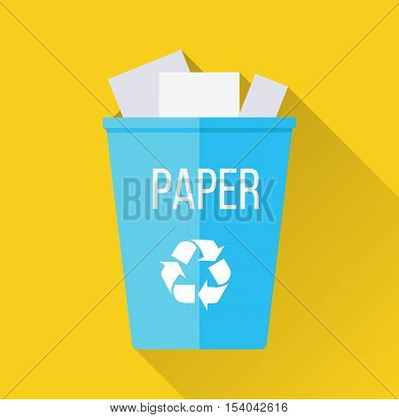 Blue recycle garbage bin with paper. Reuse or reduce symbol. Plastic recycle trash can. Trash can icon in flat. Waste recycling. Environmental protection. Vector illustration.