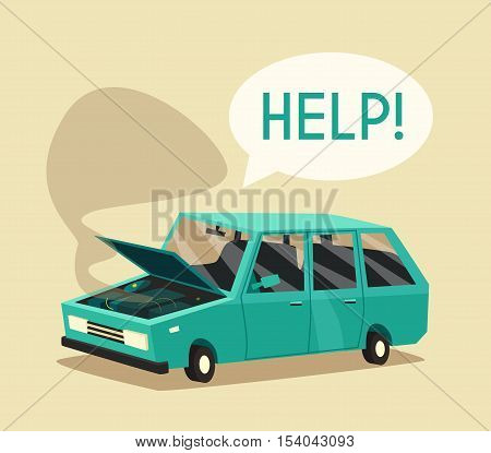 Broken car. Vector cartoon illustration. Need help. Car with open hood