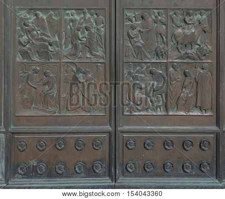 Bronze catholic church doors Siena Dome Tuscany region Italy