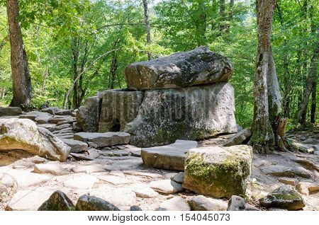 Dolmen single-chamber megalithic tomb of the Middle Bronze Age (3000-2000 BC). Valley of Zhane River near the village Vozrozhdenie in the vicinity of the resort city of Gelendzhik. Western Caucasus Krasnodar region of Russia.
