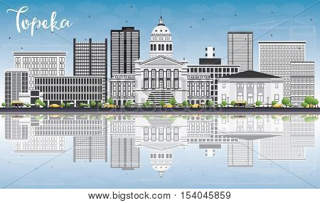 Topeka Skyline with Gray Buildings, Blue Sky and Reflections. Vector Illustration. Business Travel and Tourism Concept with Modern Architecture. Image for Presentation Banner Placard and Web Site.