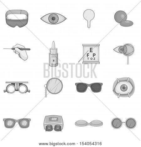 Ophthalmology icons set. Gray monochrome illustration of ophthalmology 16 vector icons for web