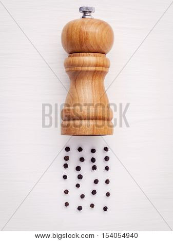 Close Up Of Bottle Black Pepper Mill On White Wood Table. Seasoning And Spices Ingredients Concept .