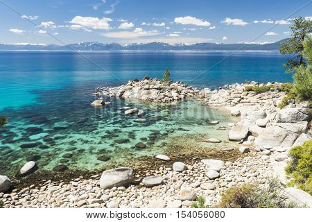 Beautiful boulders and crystal clear water of the lake Tahoe. Hidden Beach, Lake Tahoe - Nevada, USA