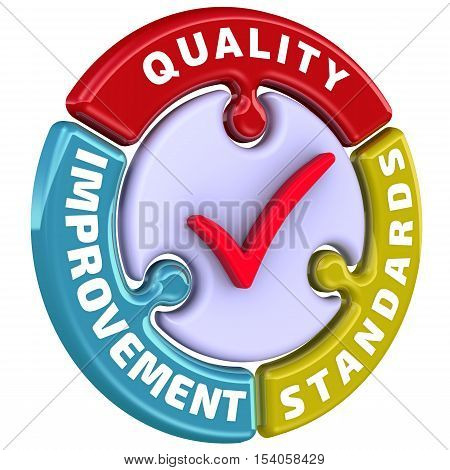 Quality improvement standards. The check mark in the form of a puzzle. The inscription "QUALITY IMPROVEMENT STANDARDS" on the puzzle in the shape of a circle with a red mark. 3D Illustration. Isolated