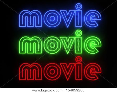 Movie neon 3d render sign set isolated on black background