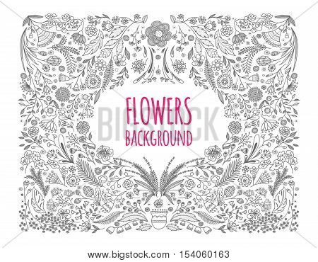 Floral monochrome background. Hand drawing. Linear style. Vector illustration
