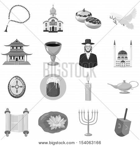 Judaism church traditional symbols icons set. Gray monochrome illustration of 16 judaism church traditional symbols vector icons for web