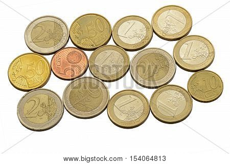 Euro coins and cents on a white background