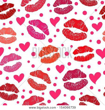 Red lipstick kiss seamless pattern female lips on white background.Vector stock illustration.