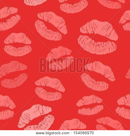 Red lipstick kiss seamless pattern female lips.Vector stock illustration.