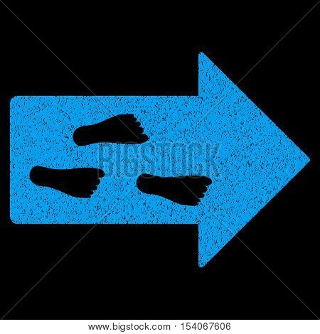 Exit Direction grainy textured icon for overlay watermark stamps. Flat symbol with dust texture. Dotted glyph blue ink rubber seal stamp with grunge design on a black background.