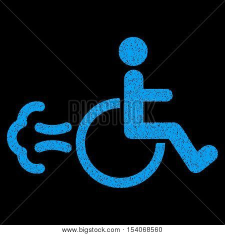 Patient Movement grainy textured icon for overlay watermark stamps. Flat symbol with scratched texture. Dotted glyph blue ink rubber seal stamp with grunge design on a black background.
