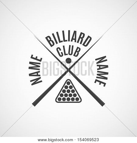 Grey logo for different types of billiards pool snooker isolated on white background in retro style vector illustration.