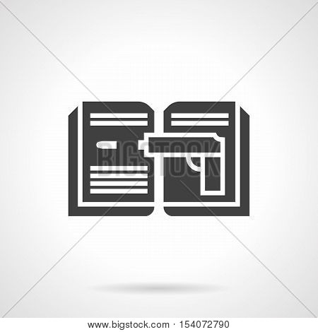 Silhouette sign of detective literature. Open book with abstract text and shooting gun. Symbol for bookstore, library, story genres. Symbolic black glyph style vector icon.