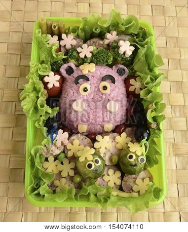 The hippopotamus is made of rice. Creative food for good mood and appetite