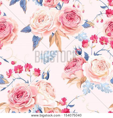 Vintage white and pink roses vector seamless background